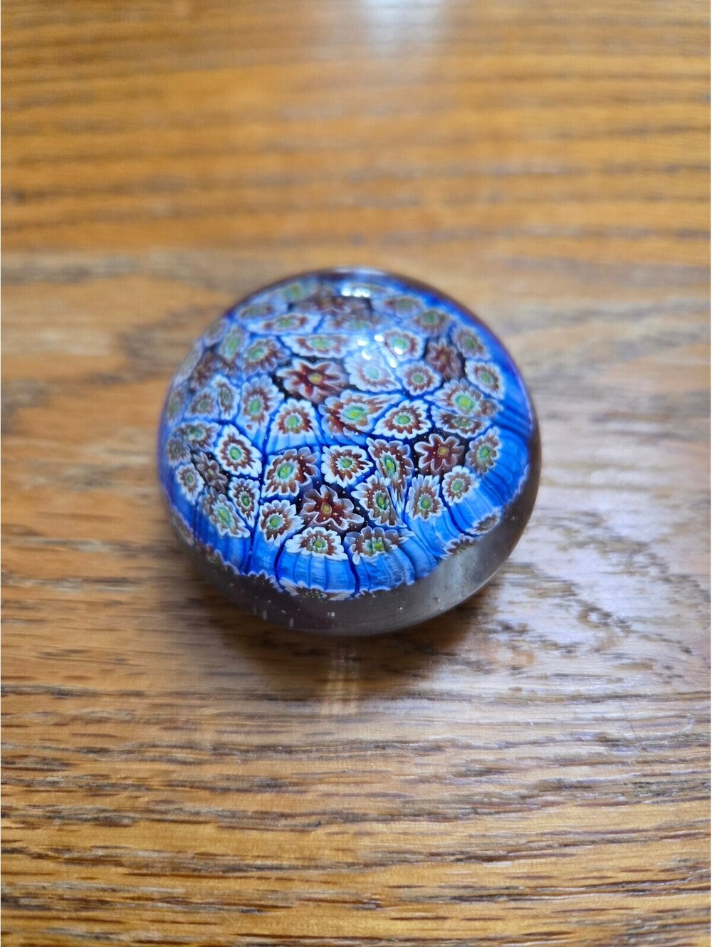 Vtg Murano Italy Millefiori Paperweight Blue Floral Glass Canes Dome W/ Sticker